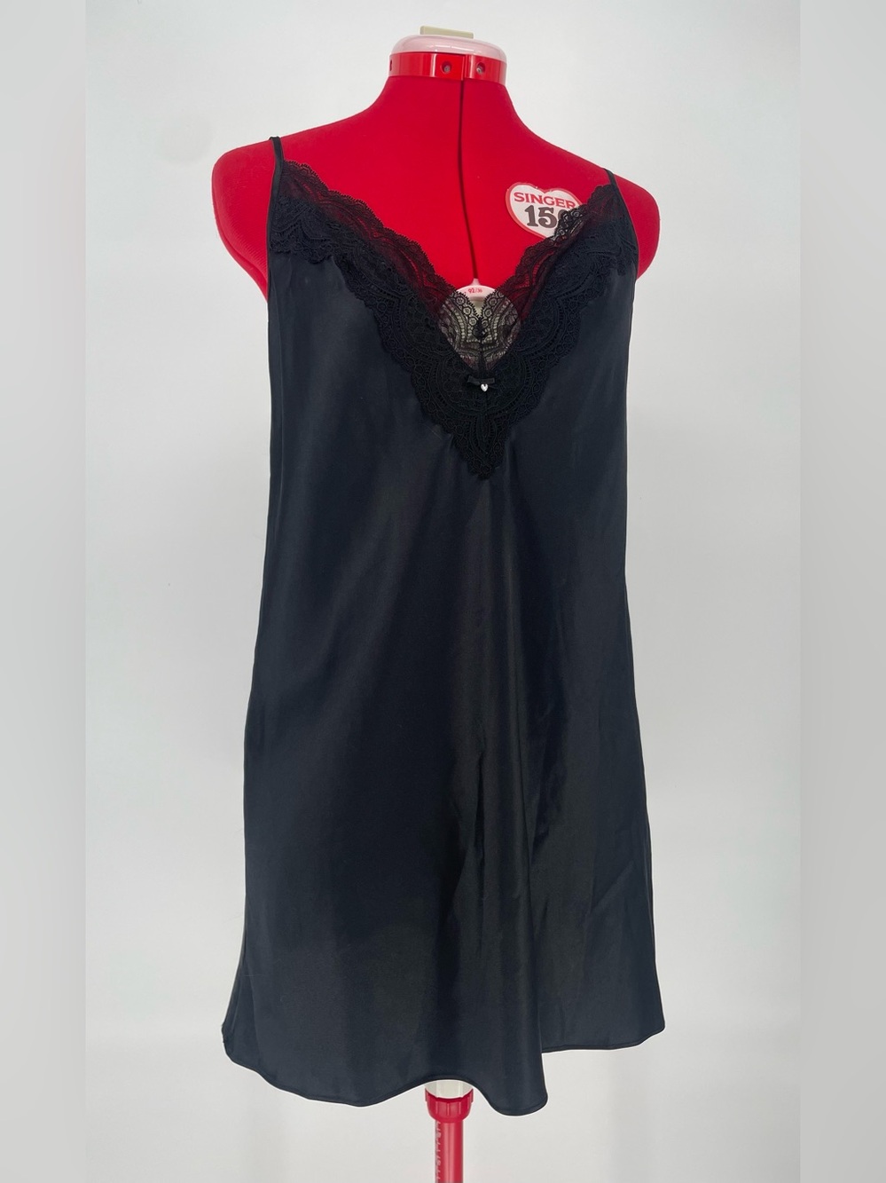 Victoria’s Secret Black Satin Mini Slip Nightgown W/ Crystal Heart & Lace Trim